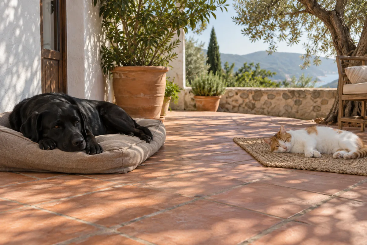 Un perro negro y un gato descansan en una terraza con suelo de terracota