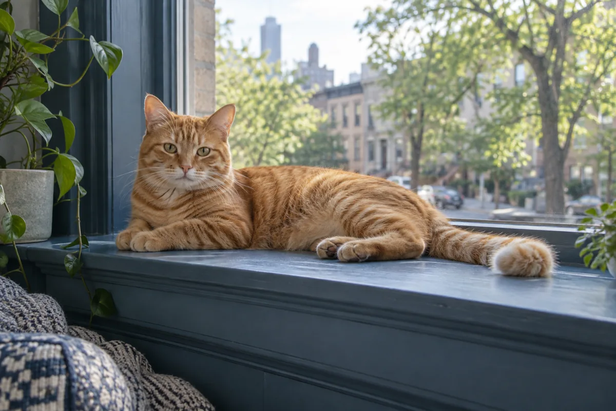 Un gato pelirrojo descansa en un alféizar junto a la ventana