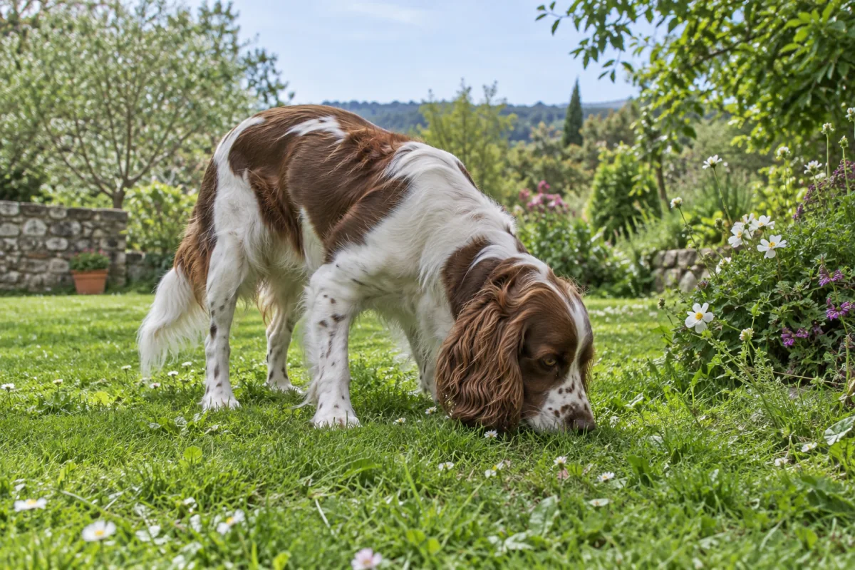 Un perro spaniel explora un jardín entre hierba y flores