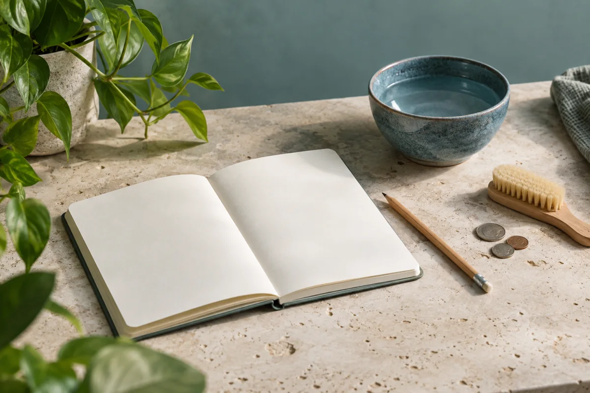 Una libreta, un lápiz y utensilios para planificar el mantenimiento de una fuente