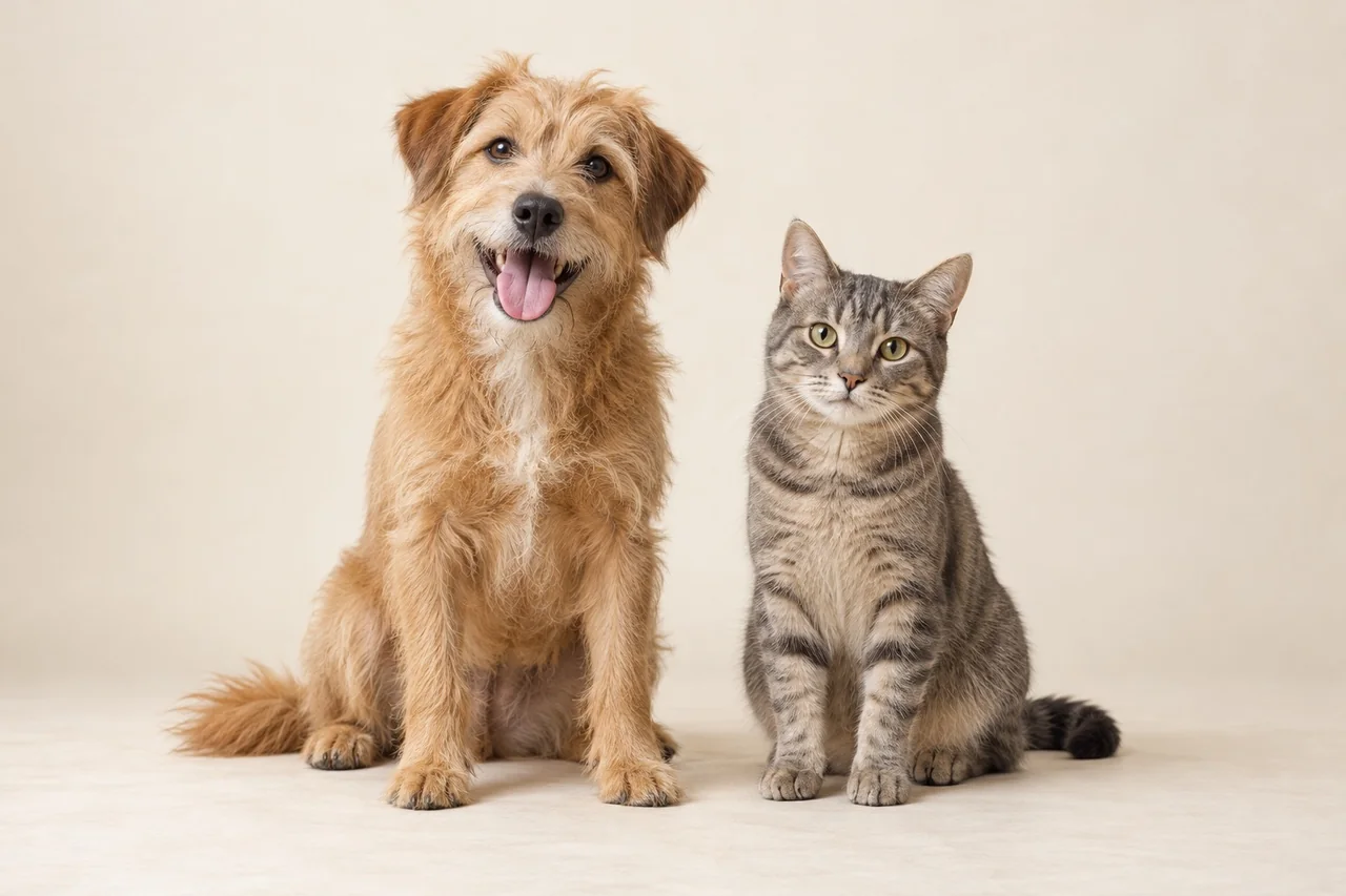 Un perro de pelo caramelo y un gato atigrado, sentados juntos